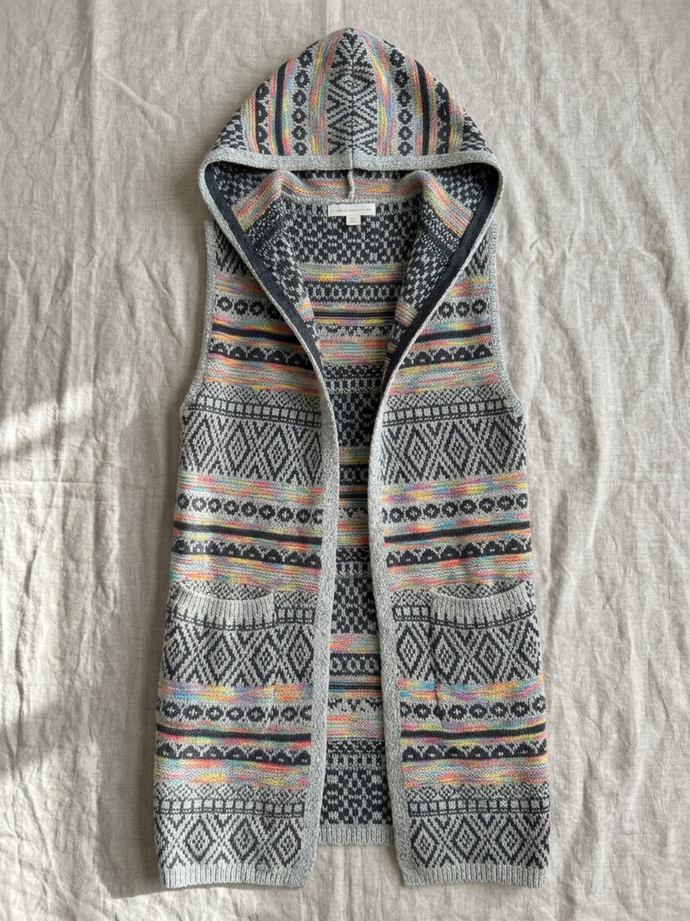 Monteau Fair Isle Rainbow Longline Hooded Cardigan Sweater Vest Medium